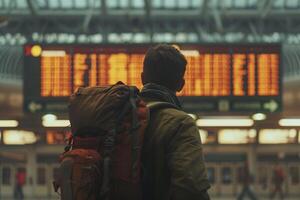 AI generated Traveler Checking Flight Information on Airport Board with AI generated. photo