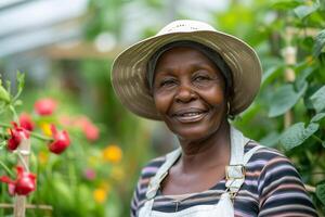 AI generated Portrait of smiling senior african woman standing in greenhouse with tomatoes. photo