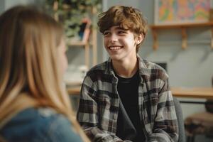 ai generado contento adolescente estudiante vistiendo lentes a colegio con ai generado. foto