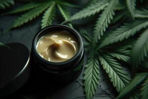 AI generated Cannabis cream in a jar with marijuana leaves on black background. photo