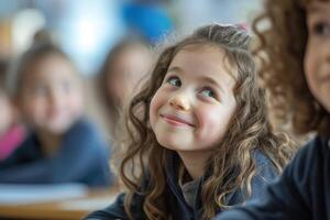 ai generado retrato de linda pequeño niña mirando arriba en salón de clases a elemental escuela. foto