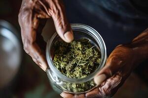 AI generated Close up of man hands holding a glass jar of cannabis leafs. photo