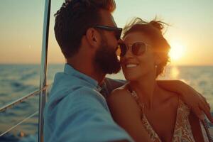 AI generated Romantic Couple Enjoying Summer Yacht Trip. photo
