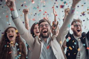 AI generated Group of happy business people celebrating success with raised hands in office. photo