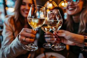 AI generated Friends Toasting With White Wine in Restaurant with AI generated. photo