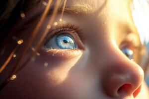 AI generated Close up focus on the eye of a child looking up under the sun photo