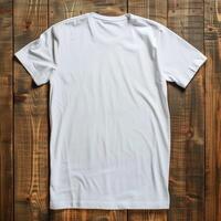 AI generated Blank White T-shirt on Wooden Background with AI generated. photo