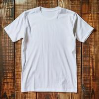 AI generated Blank White T-shirt on Wooden Background with AI generated. photo