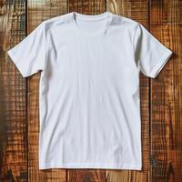 AI generated Blank White T-shirt on Wooden Background with AI generated. photo