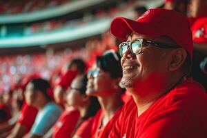 AI generated Group of fans watching football match on the stands of the stadium. photo