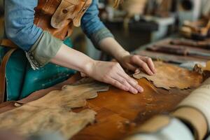 AI generated Close up of a female shoemaker working in a leather workshop. photo