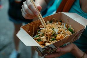 AI generated Takeout Box of Stir-Fried Noodles and Tofu. photo