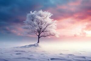 AI generated Winter landscape with snow covered tree. photo