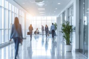 AI generated Busy Office Corridor with Blurred Moving People. photo