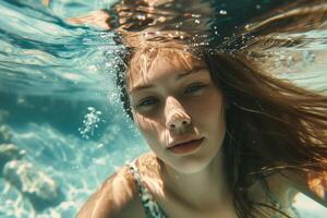 ai generado submarino retrato de joven hembra nadador. foto