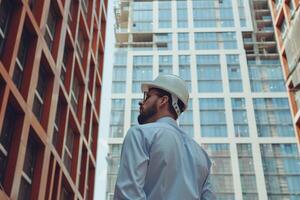 AI generated Engineer Inspecting Construction Site Progress. photo