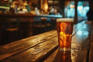 ai generado vaso de cerveza en un de madera mesa en un pub. foto