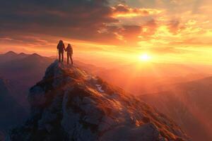 AI generated Couple of hikers on top of a mountain in the sunset photo
