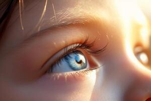 AI generated Close up focus on the eye of a child looking up under the sun photo