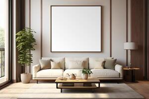 AI generated Interior of modern living room with white sofa and mock up poster photo