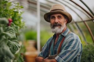 AI generated Smiling Young Male Gardener in Greenhouse with AI generated. photo