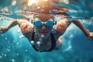 AI generated Professional Female Swimmer Training Underwater with AI generated. photo