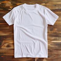 AI generated Blank White T-shirt on Wooden Background with AI generated. photo