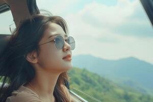 AI generated Woman Enjoying Road Trip with Mountain View. photo