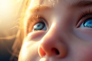 AI generated Close up focus on the eye of a child looking up under the sun photo