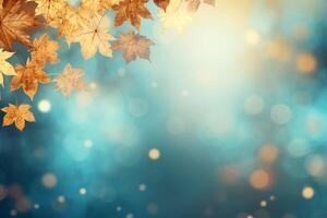 AI generated Autumn background with maple leaves and bokeh lights. photo