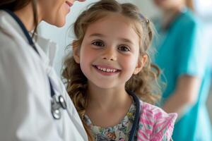 ai generado pequeño niña con un estetoscopio a el del doctor oficina. foto