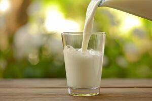 AI generated Pouring Fresh Milk into Glass Outdoors. photo