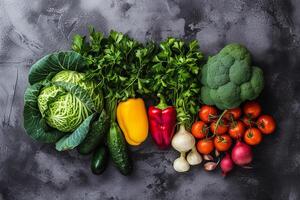 AI generated Fresh Assorted Vegetables on Dark Slate. photo