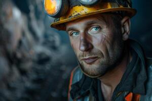 AI generated Portrait of a Miner in a Hardhat at the Mine with AI generated. photo