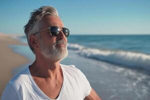 ai generado retrato de mayor hombre con Gafas de sol en el playa a soleado día. foto