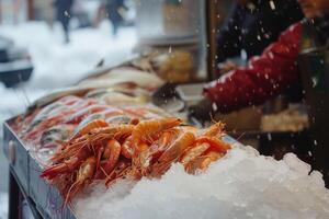 AI generated Fresh Seafood on Ice at Market Display. photo