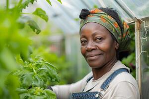 AI generated Portrait of smiling senior african woman standing in greenhouse with tomatoes. photo