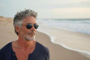 AI generated Portrait of senior man with sunglasses on the beach at sunny day. photo