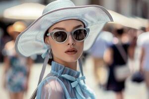 AI generated Elegant Woman in Sunglasses and Sunhat with AI generated. photo