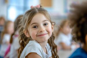 ai generado retrato de linda pequeño niña mirando arriba en salón de clases a elemental escuela. foto