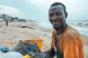 AI generated Smiling Environmental Worker Cleaning the Beach with AI generated. photo