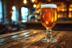AI generated Glass of beer on a wooden table in a pub. photo