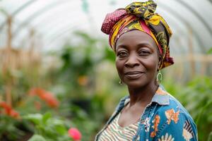 AI generated Portrait of smiling senior african woman standing in greenhouse with tomatoes. photo