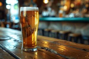 AI generated Glass of beer on a wooden table in a pub. photo