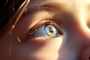 AI generated Close up focus on the eye of a child looking up under the sun photo