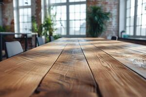 AI generated Empty wooden table in a modern office space. photo