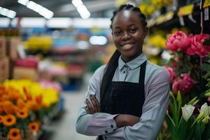 AI generated Smiling Florist in Flower Shop with Bouquets photo