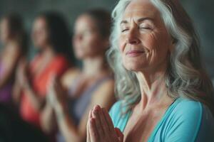 AI generated Elderly woman practicing yoga in the studio with her friends. photo