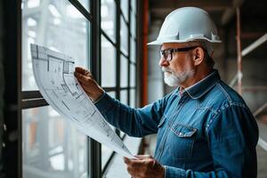 AI generated Architect in hardhat holding blueprints at construction site. photo