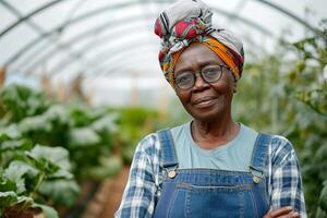 AI generated Portrait of smiling senior african woman standing in greenhouse with tomatoes. photo